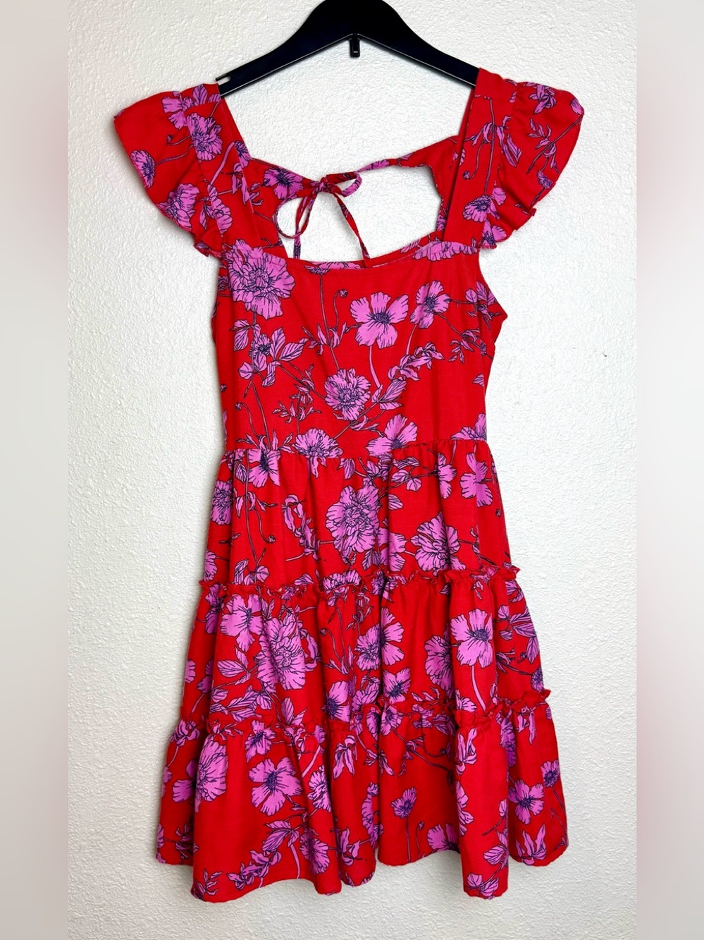Band of the Free Red Floral Tiered Babydoll Dress Womens Small Cottagecore Tie